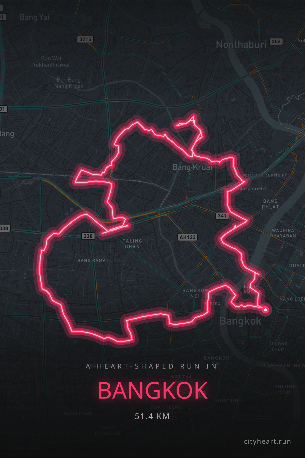 Heart-shaped running route in Bangkok, 51.4 km — GPS art for Strava