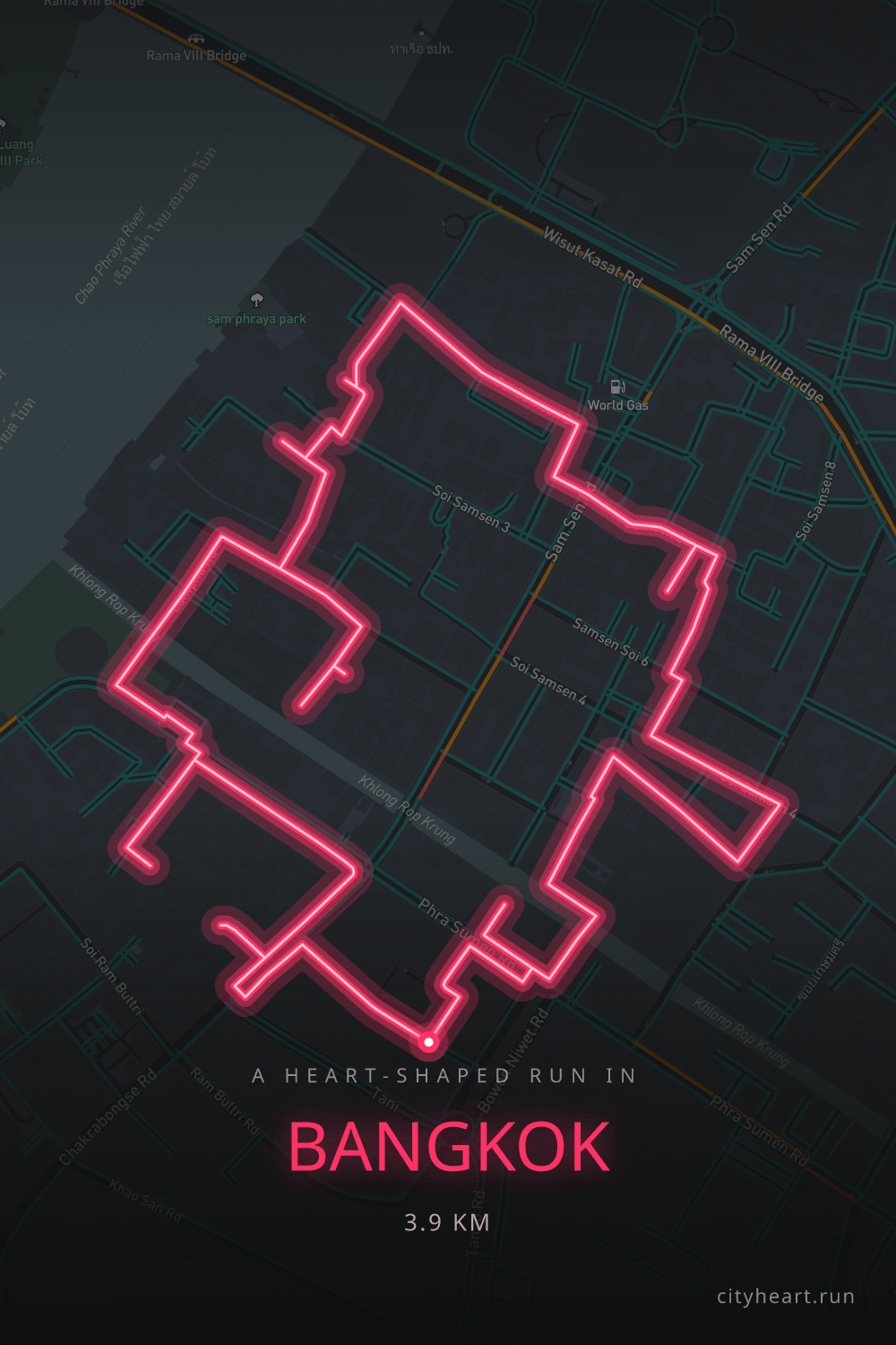 Heart-shaped running route in Bangkok, 3.9 km — GPS art for Strava