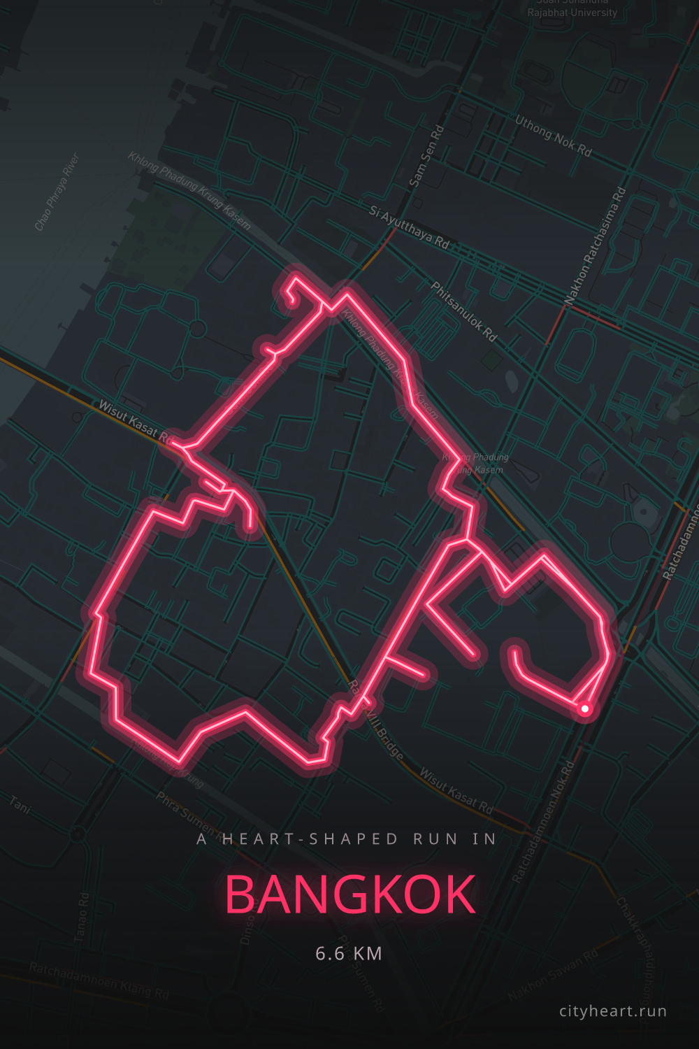 Heart-shaped running route in Bangkok, 6.6 km — GPS art for Strava