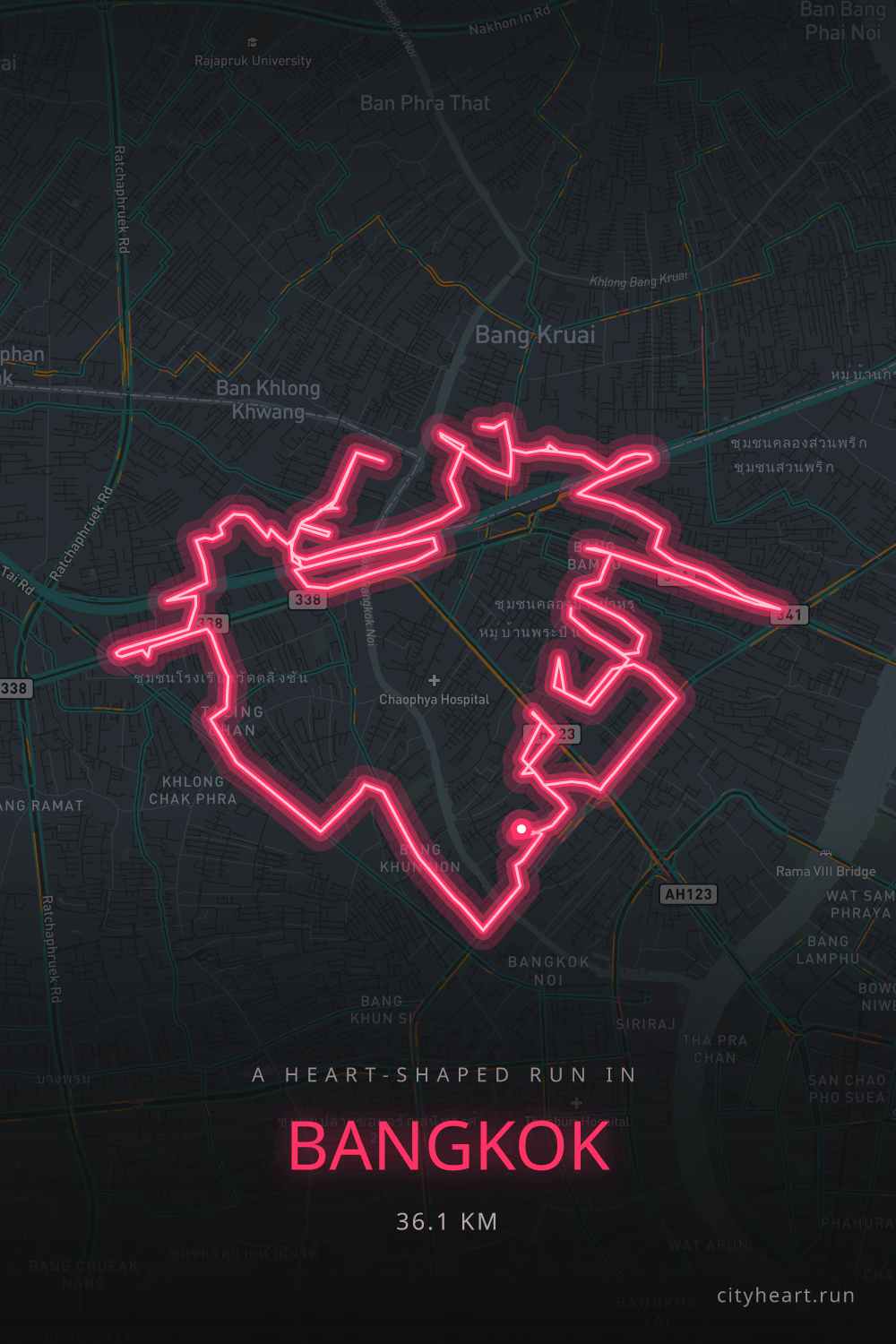 Heart-shaped running route in Bangkok, 36.1 km — GPS art for Strava
