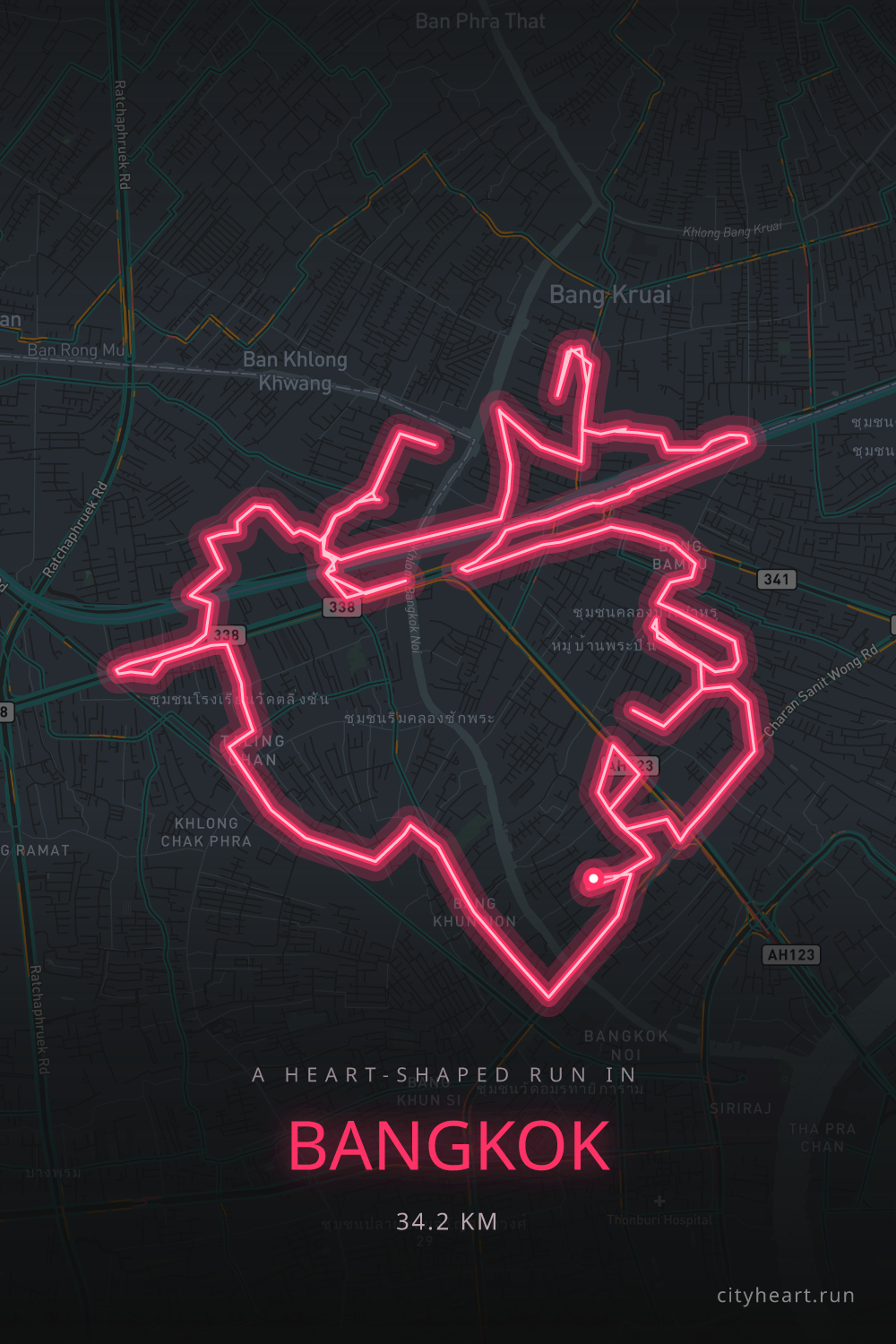 Heart-shaped running route in Bangkok, 34.2 km — GPS art for Strava