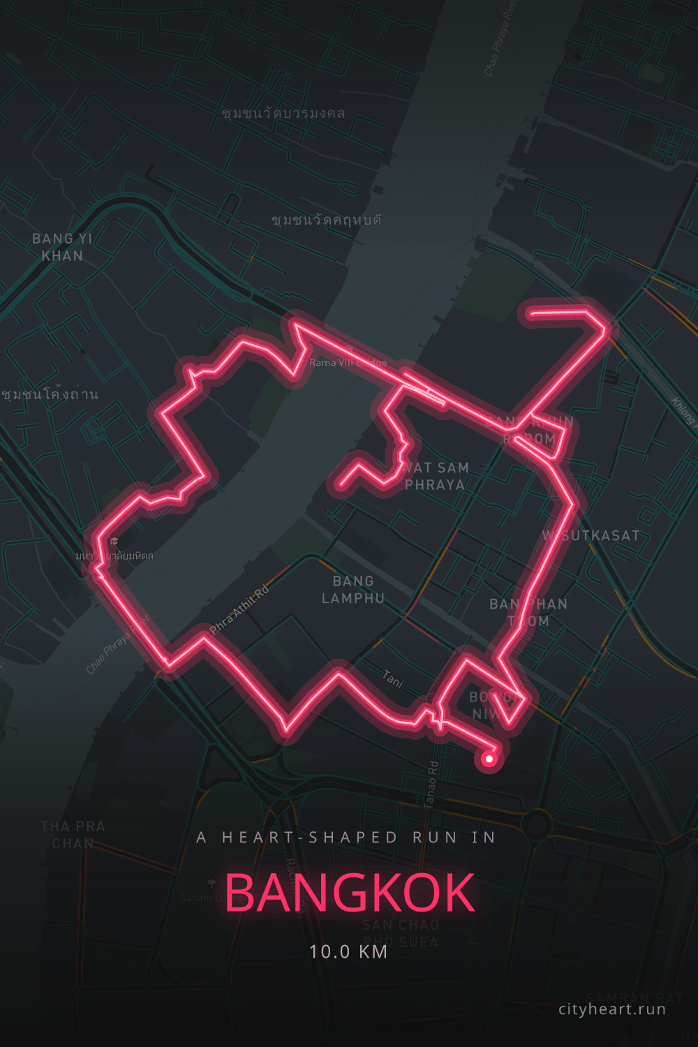 Heart-shaped running route in Bangkok, 10.9 km — GPS art for Strava