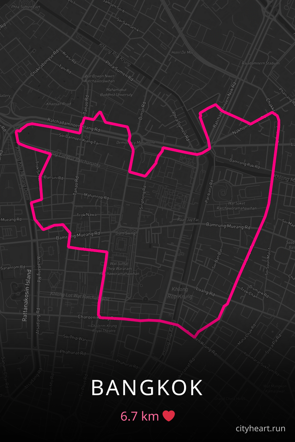 Heart-shaped running route in Bangkok, 6.7 km — GPS art for Strava