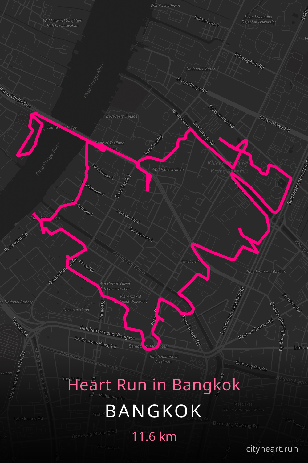 Heart-shaped running route in Bangkok, 11.6 km — GPS art for Strava