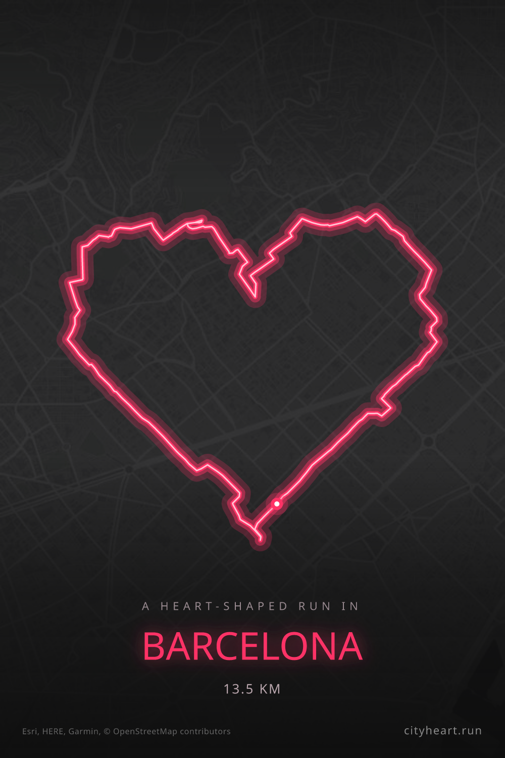 Heart-shaped running route in Barcelona, 13.5 km — GPS art for Strava