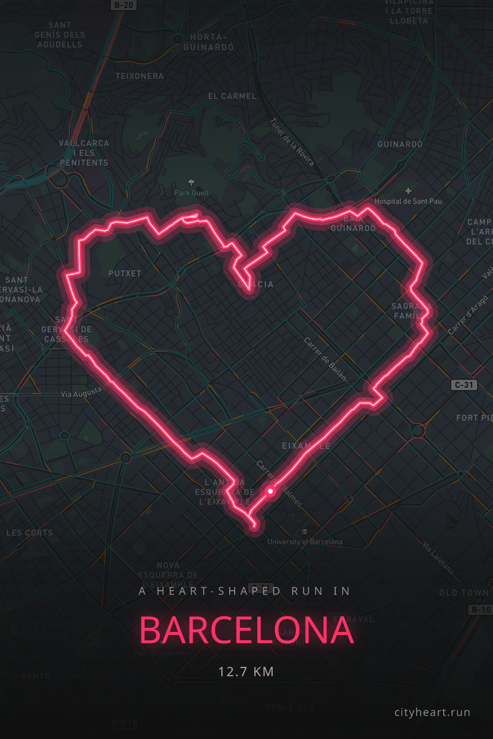 Heart-shaped running route in Barcelona, 13.5 km — GPS art for Strava