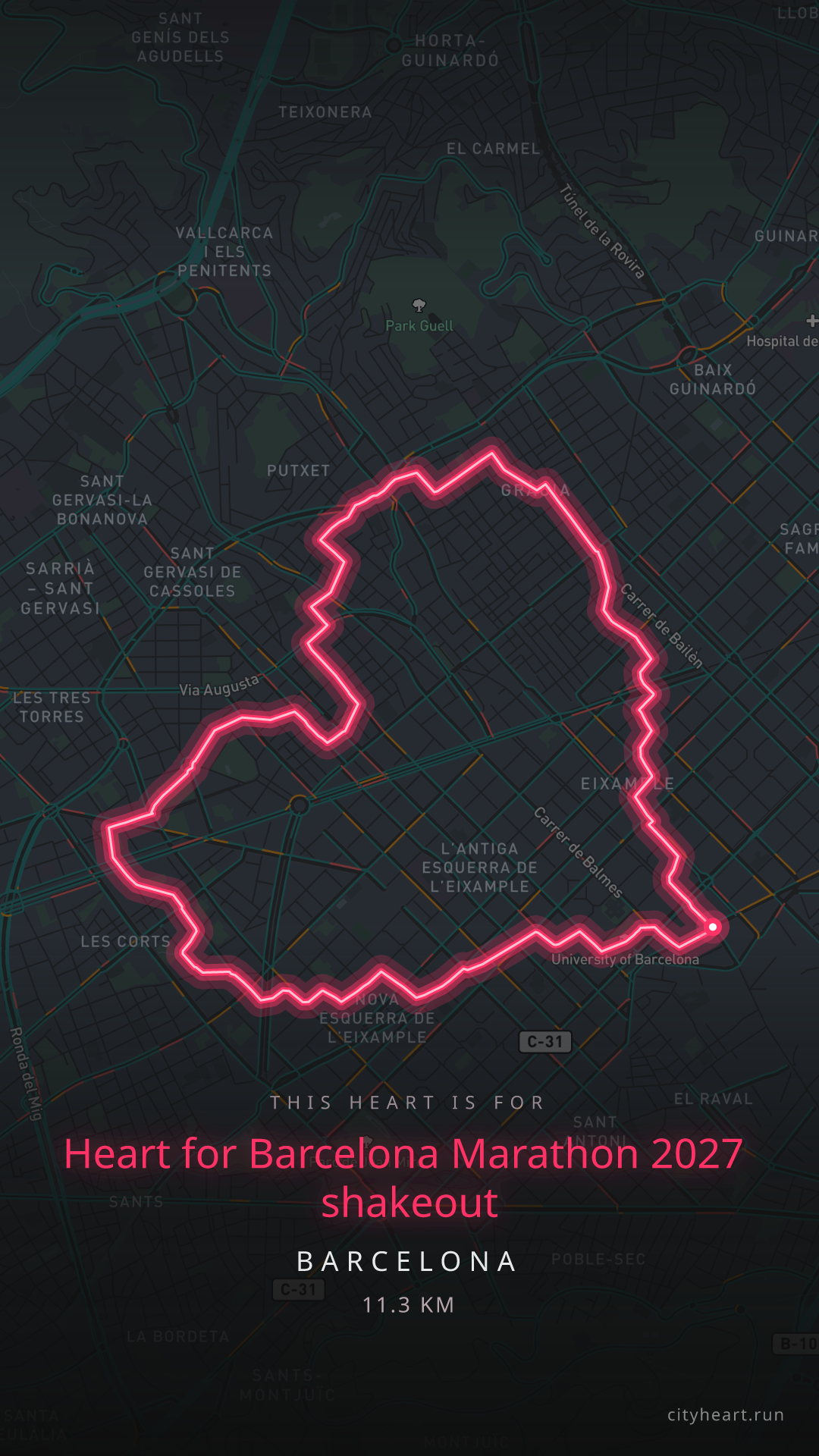 Heart-shaped running route in Barcelona, 11.3 km — GPS art for Strava