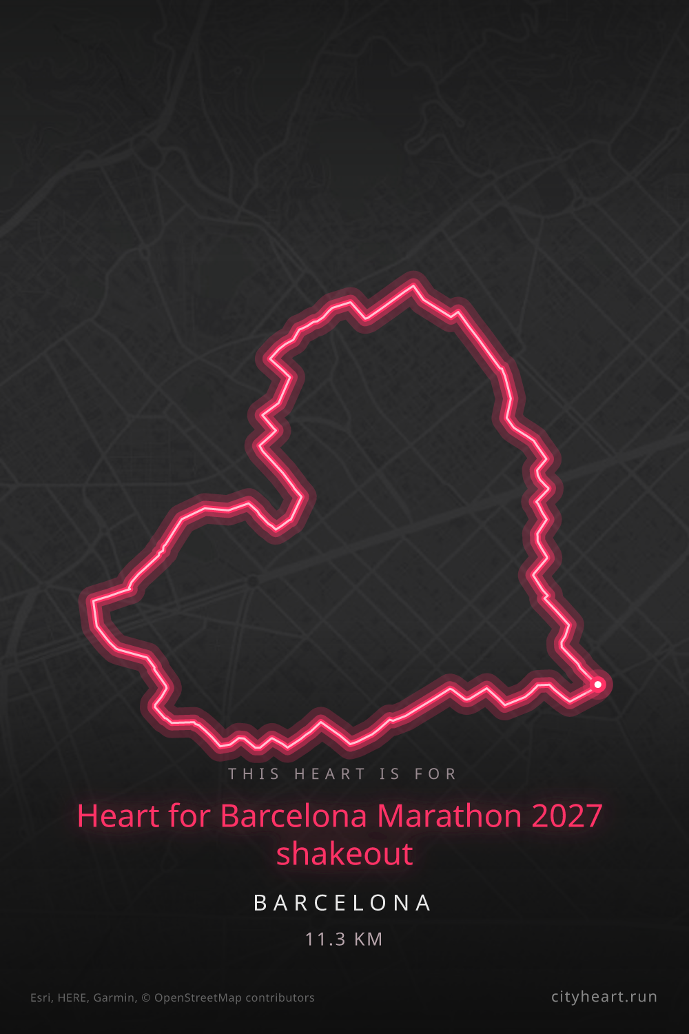 Heart-shaped running route in Barcelona, 11.3 km — GPS art for Strava