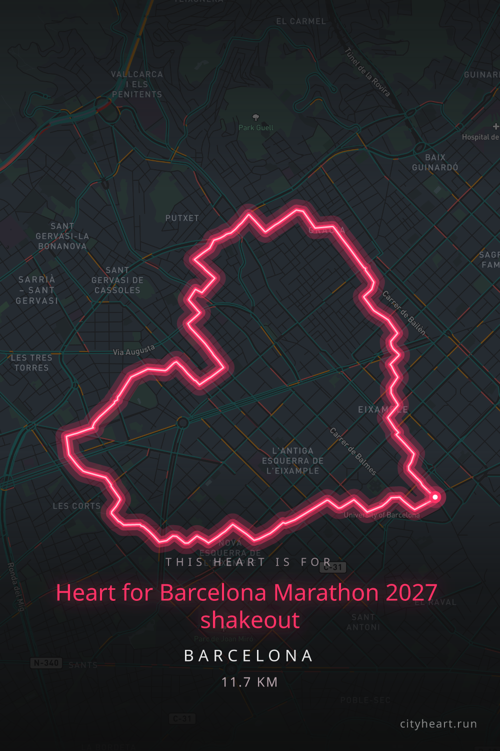 Heart-shaped running route in Barcelona, 11.7 km — GPS art for Strava