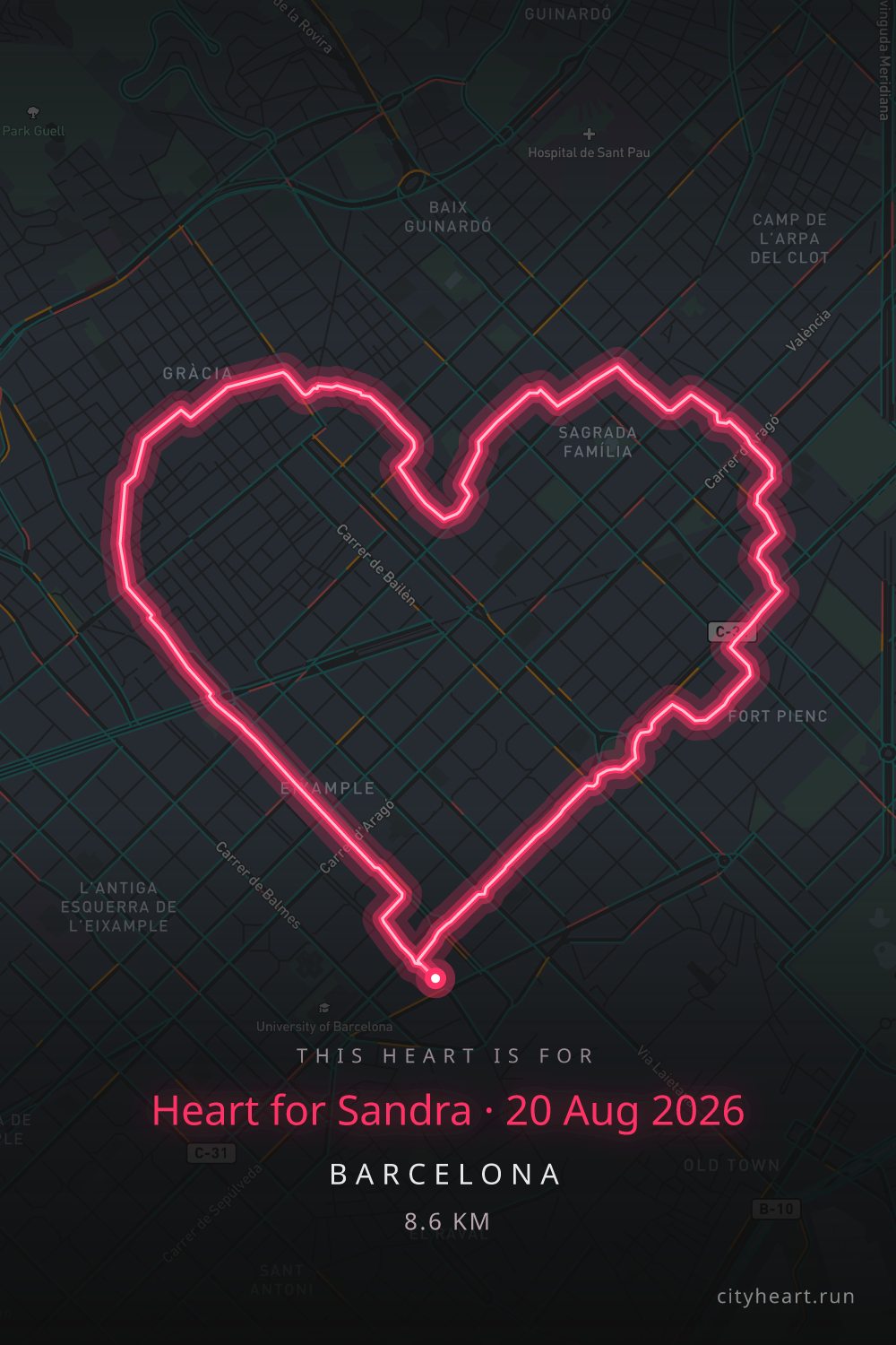 Heart-shaped running route in Barcelona, 8.6 km — GPS art for Strava