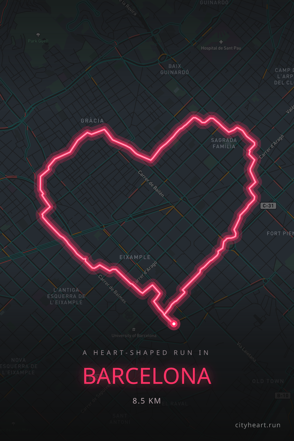 Heart-shaped 8.5 km shakeout running route through Barcelona, near the Barcelona Half Marathon course