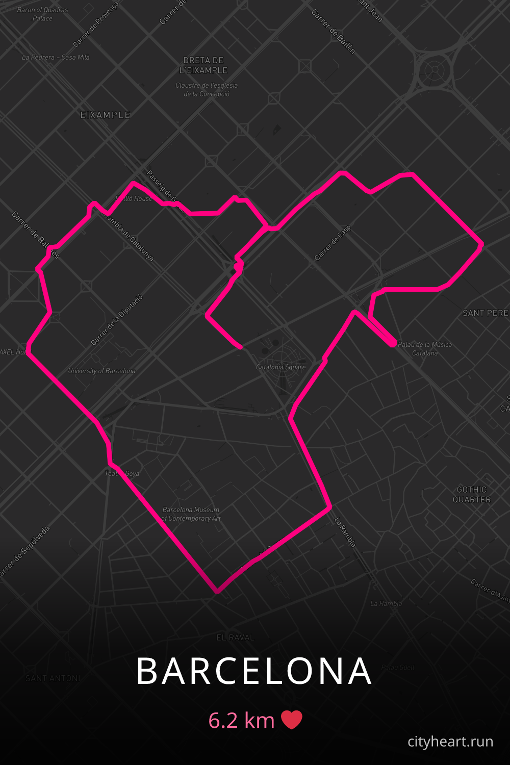 Heart-shaped running route in Barcelona, 6.2 km — GPS art for Strava