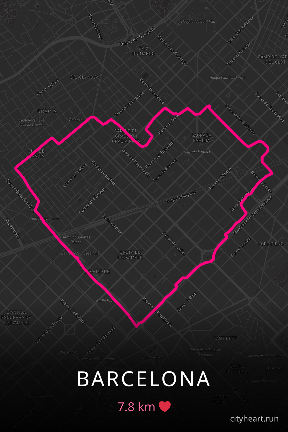 Heart-shaped running route in Barcelona, 7.8 km — GPS art for Strava