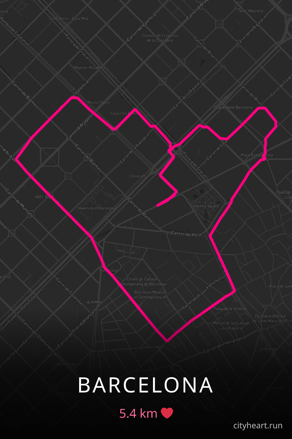 Heart-shaped running route in Barcelona, 5.4 km — GPS art for Strava
