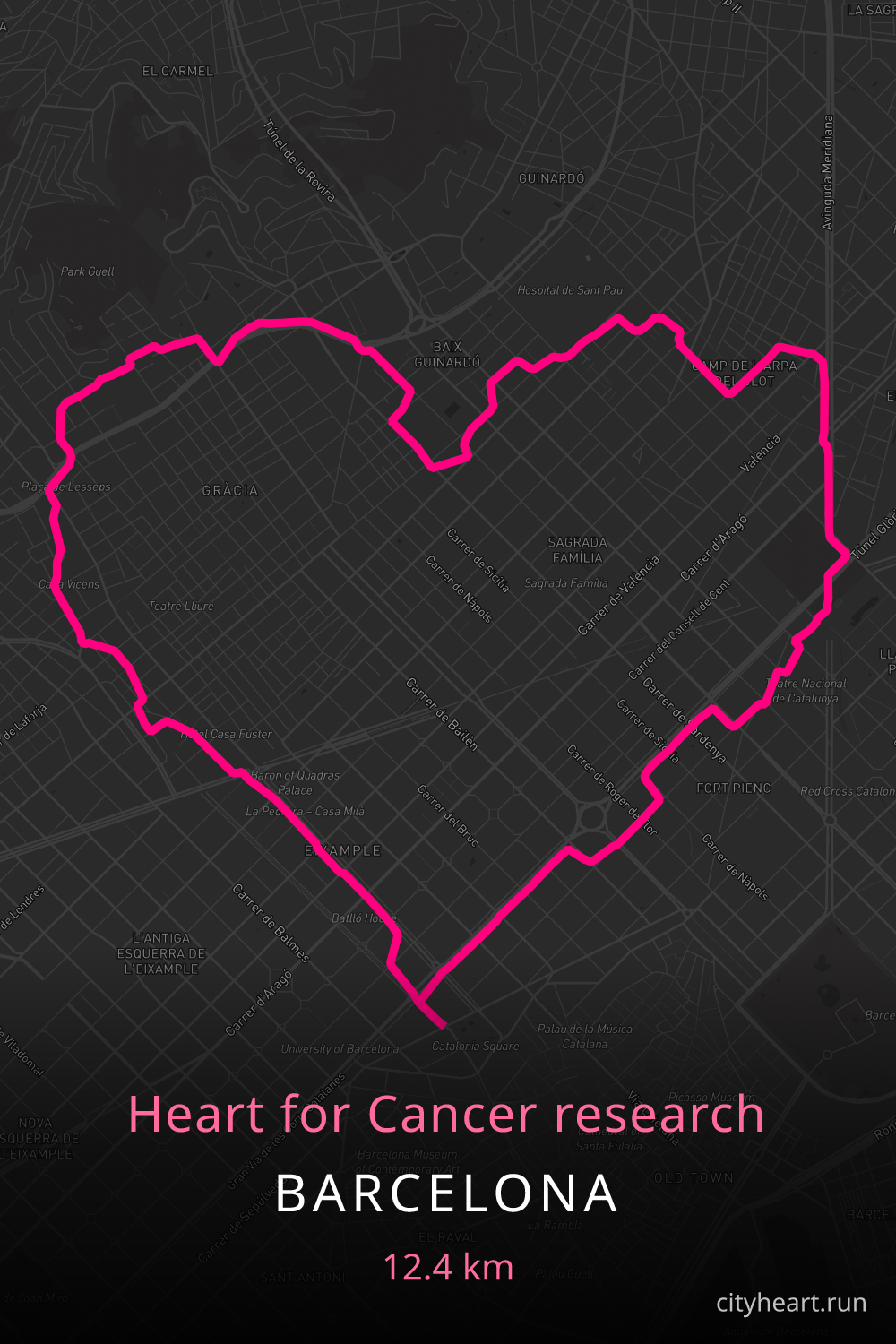 Heart-shaped running route in Barcelona, 13.2 km — GPS art for Strava