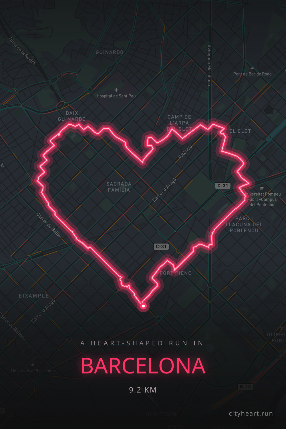 Heart-shaped running route in Barcelona, 9.9 km — GPS art for Strava