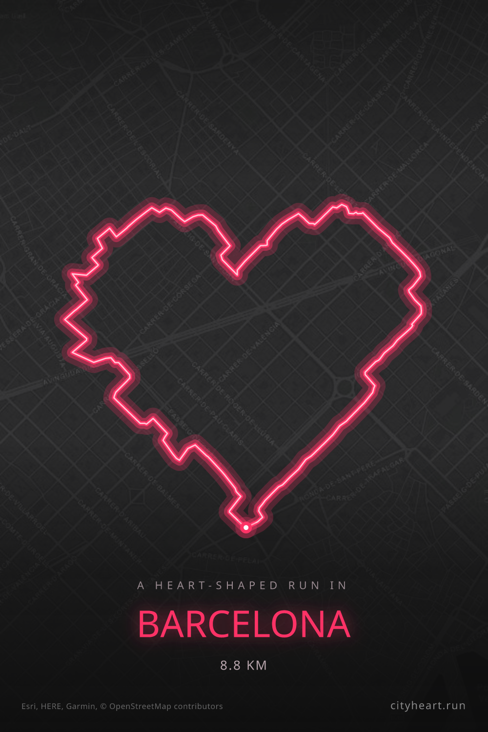 Heart-shaped running route in Barcelona, 8.8 km — GPS art for Strava