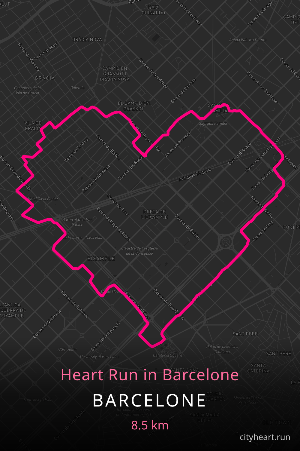 Heart-shaped running route in Barcelone, 8.8 km — GPS art for Strava