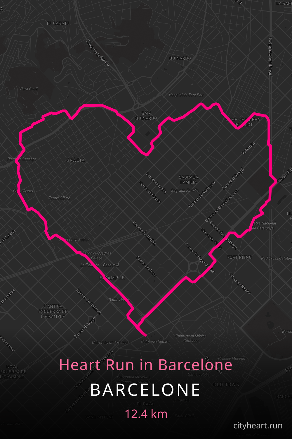 Heart-shaped running route in Barcelone, 13.2 km — GPS art for Strava