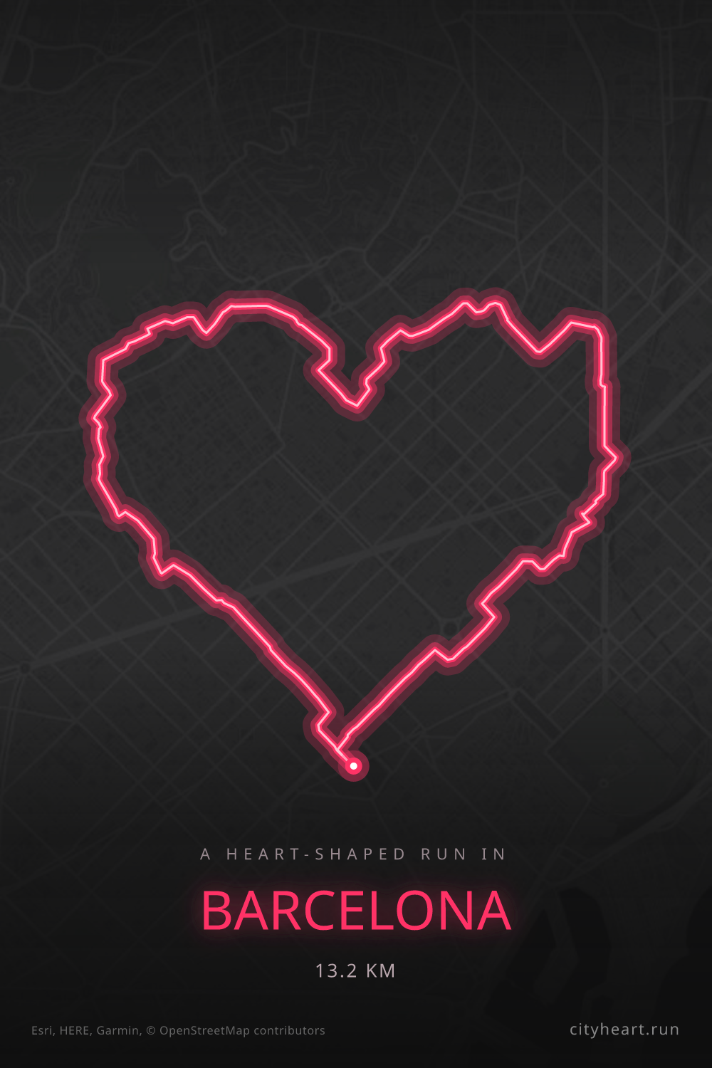 Heart-shaped running route in Barcelona, 13.2 km — GPS art for Strava
