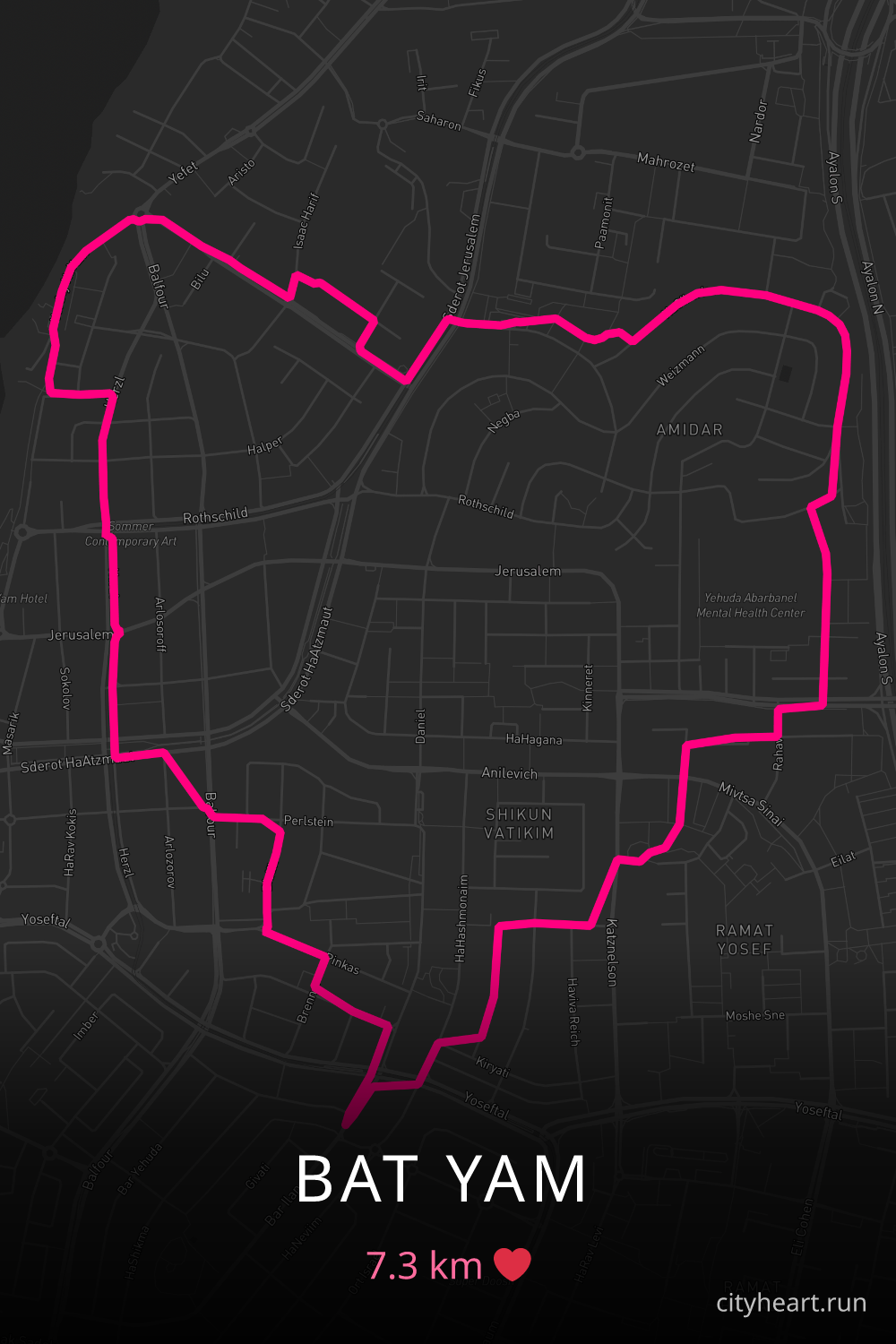 Heart-shaped running route in Bat Yam, 10.6 km — GPS art for Strava