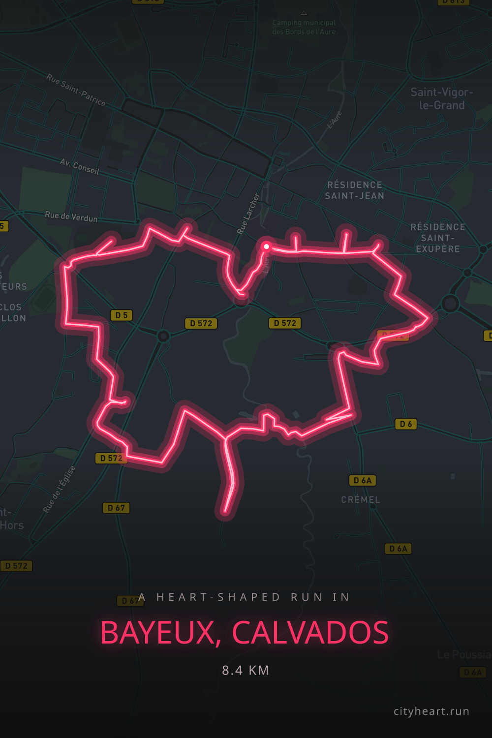 Heart-shaped running route in Bayeux, Calvados, 8.4 km — GPS art for Strava