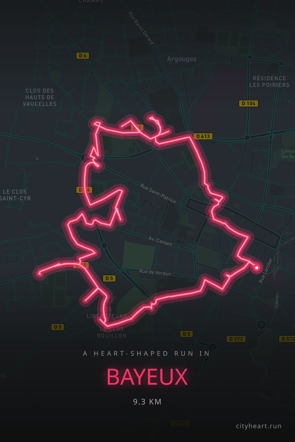 Heart-shaped running route in Bayeux, 9.3 km — GPS art for Strava