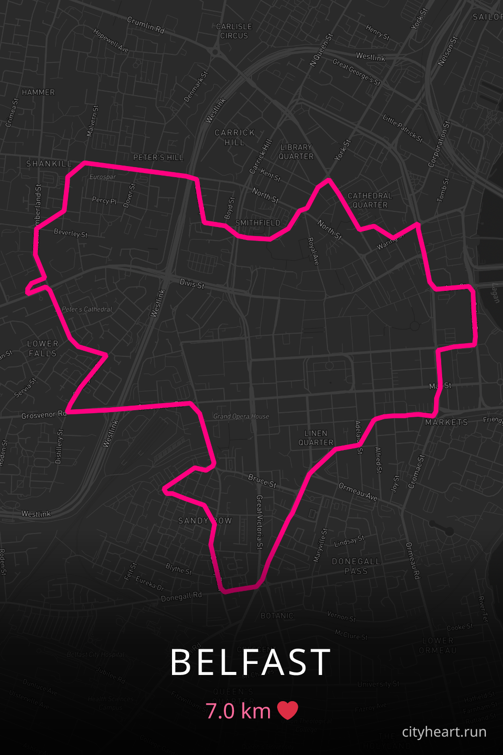 Heart-shaped running route in Belfast, 7.0 km — GPS art for Strava