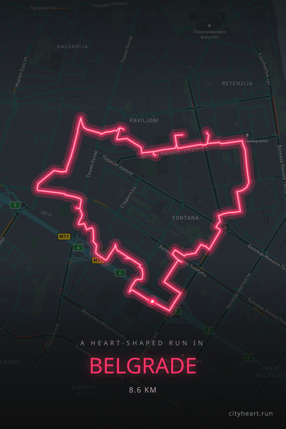 Heart-shaped running route in Belgrade, 9.2 km — GPS art for Strava