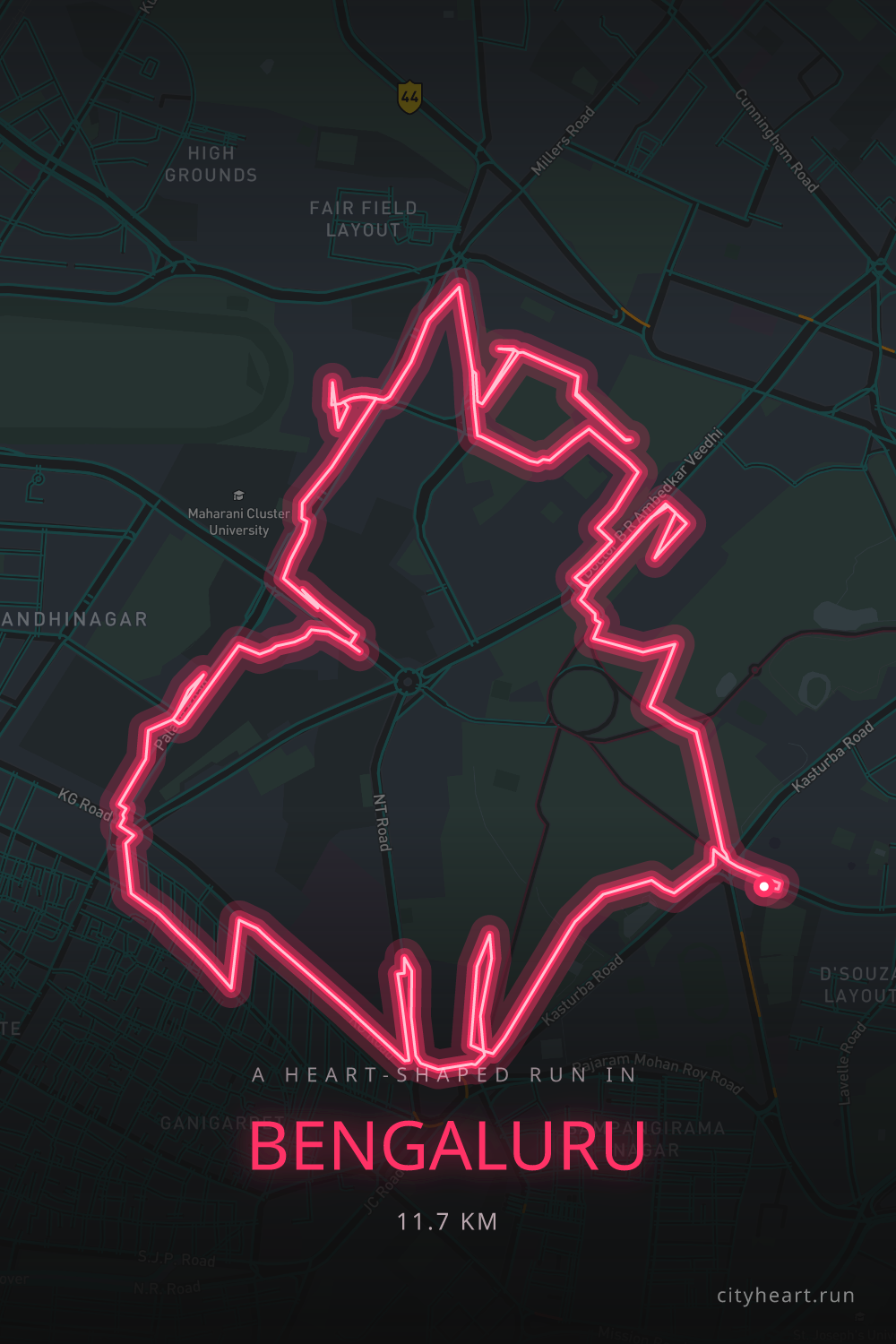 Heart-shaped running route in Bengaluru, 11.7 km — GPS art for Strava