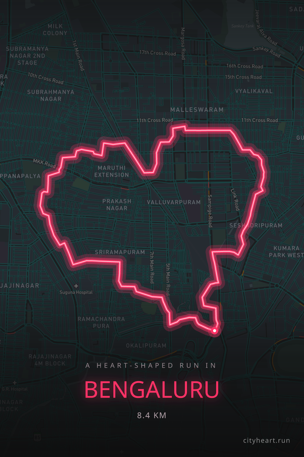 Heart-shaped running route in Bengaluru, 8.4 km — GPS art for Strava