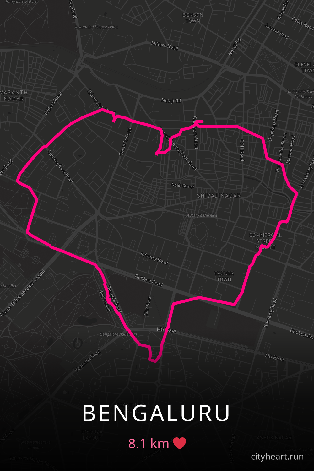 Heart-shaped running route in Bengaluru, 8.1 km — GPS art for Strava