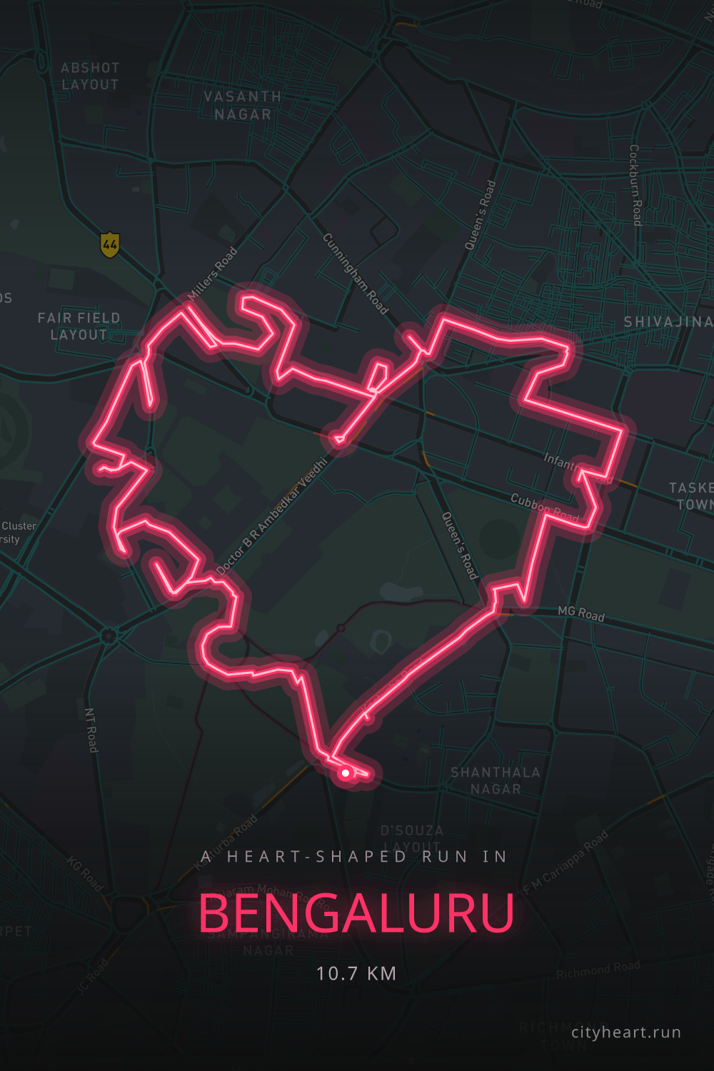 Heart-shaped running route in Bengaluru, 10.7 km — GPS art for Strava