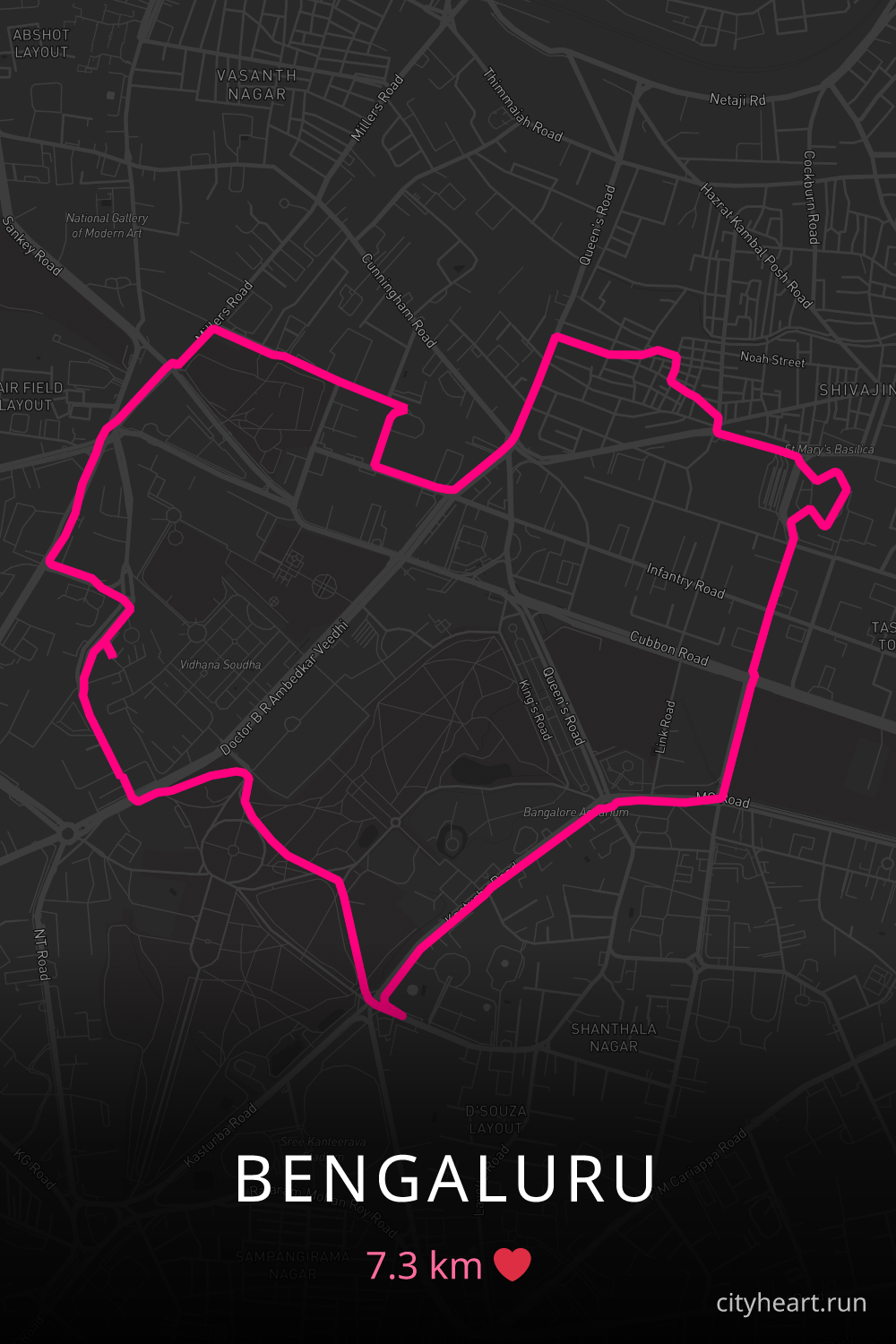 Heart-shaped running route in Bengaluru, 7.3 km — GPS art for Strava