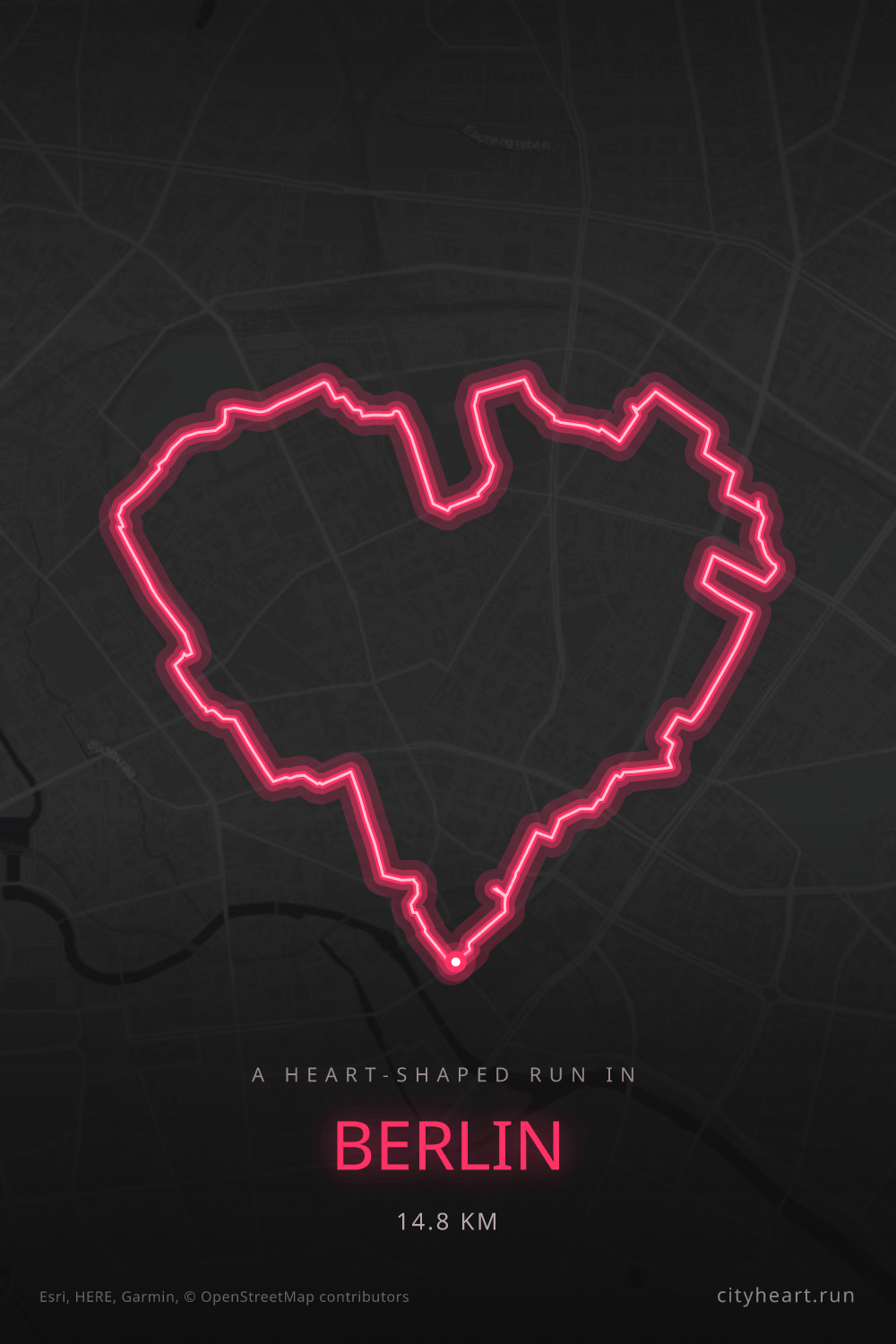 Heart-shaped running route in Berlin, 14.8 km — GPS art for Strava