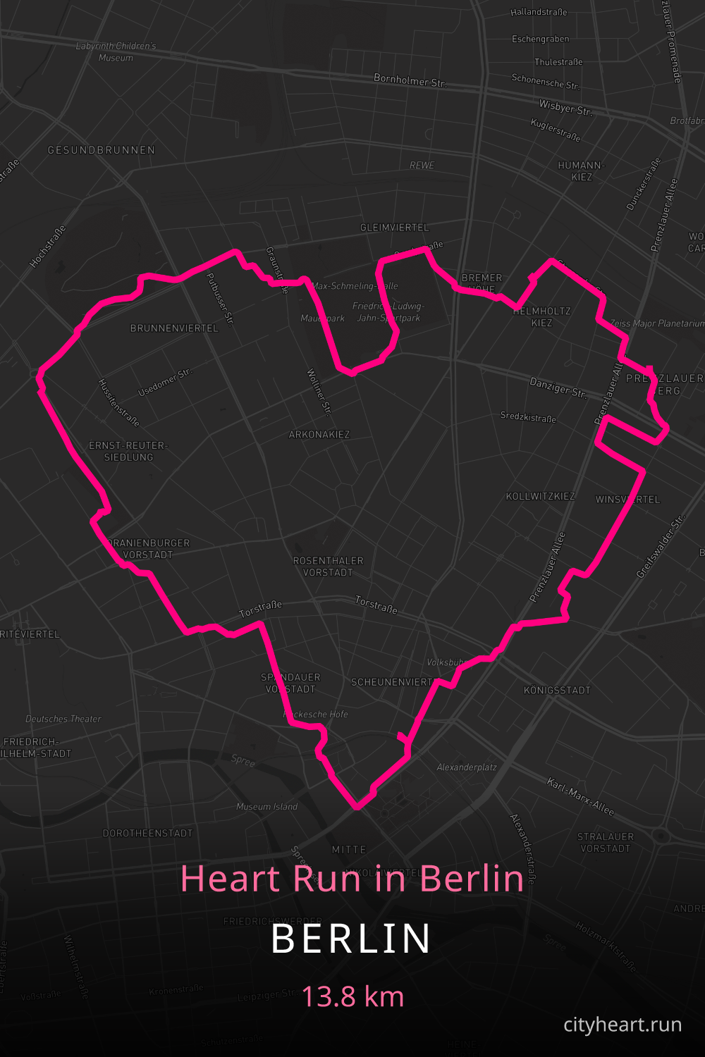 Heart-shaped running route in Berlin, 14.8 km — GPS art for Strava