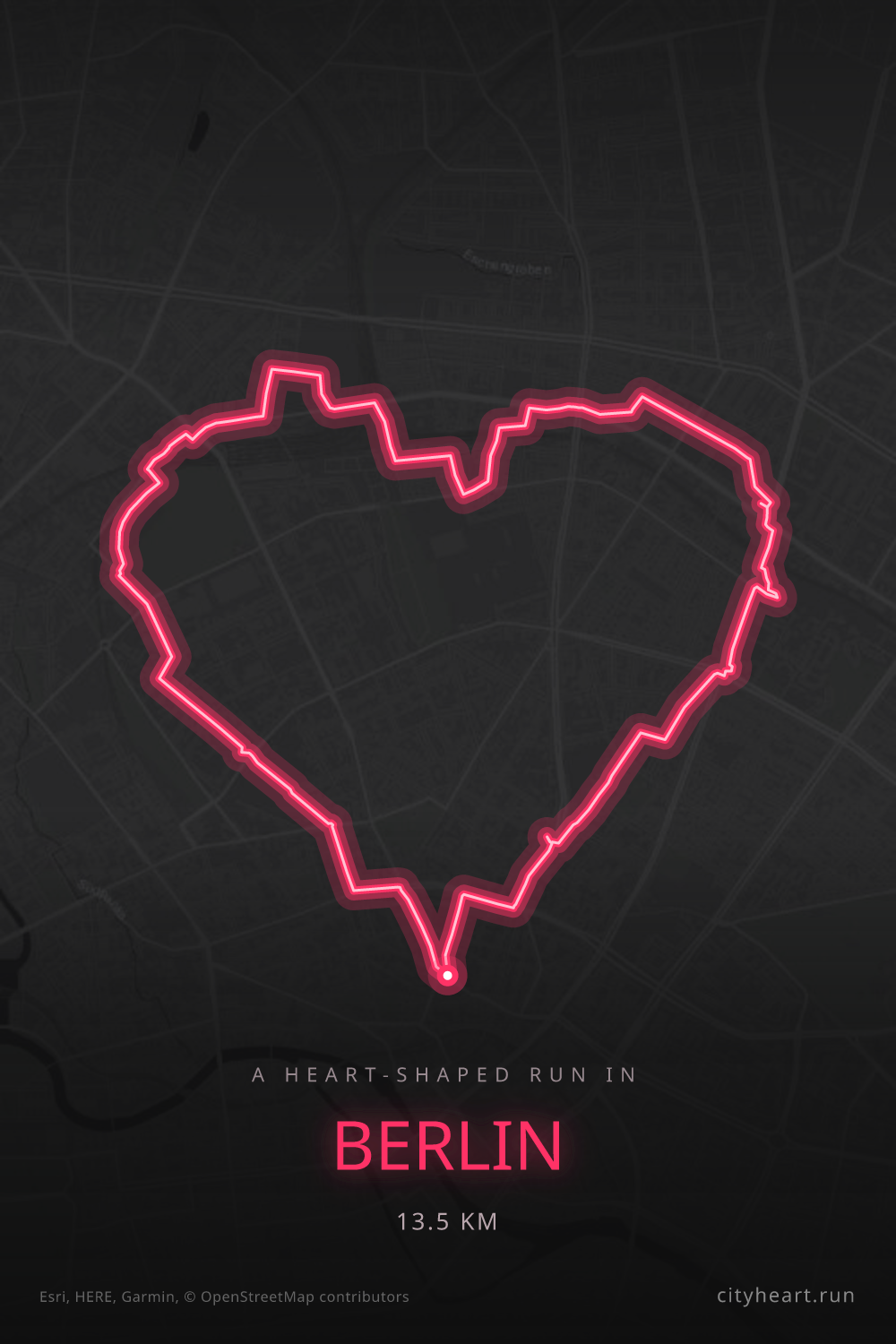 Heart-shaped running route in Berlin, 13.5 km — GPS art for Strava