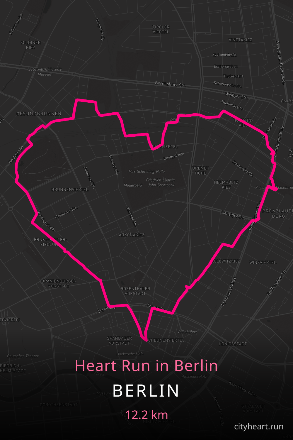 Heart-shaped running route in Berlin, 13.5 km — GPS art for Strava