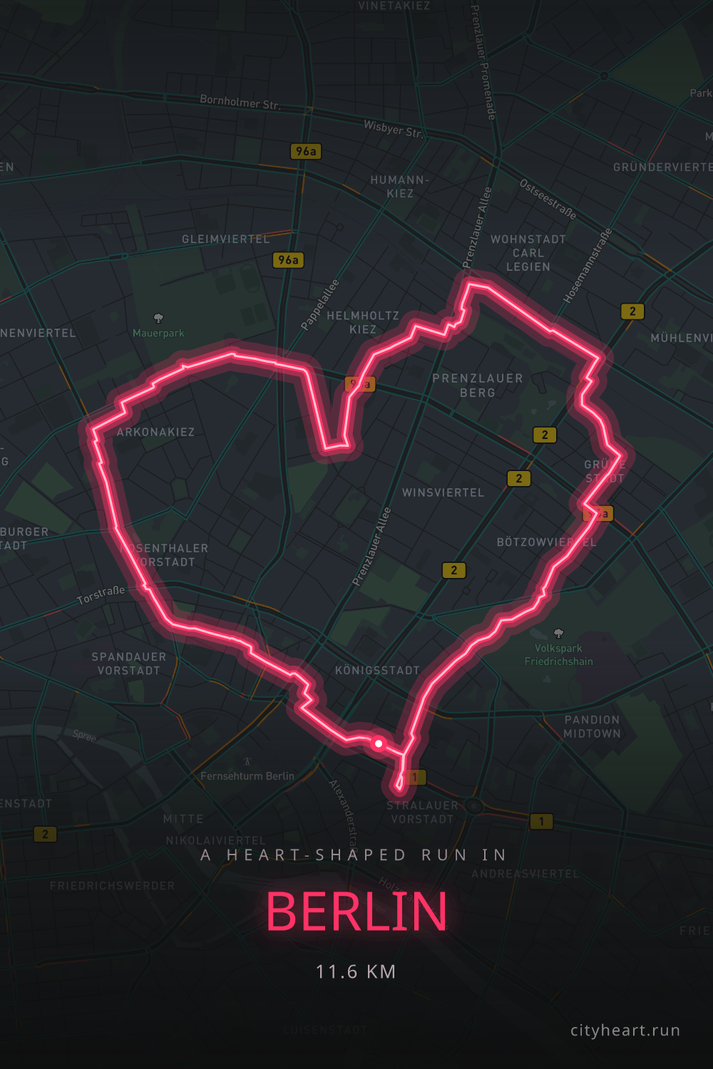 Heart-shaped running route in Berlin, 12.5 km — GPS art for Strava