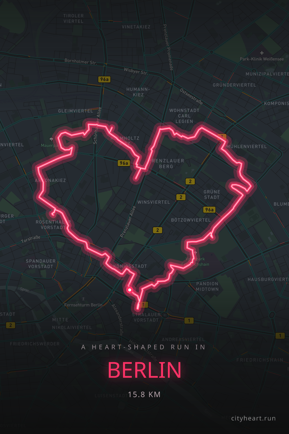 Heart-shaped running route in Berlin, 16.4 km — GPS art for Strava