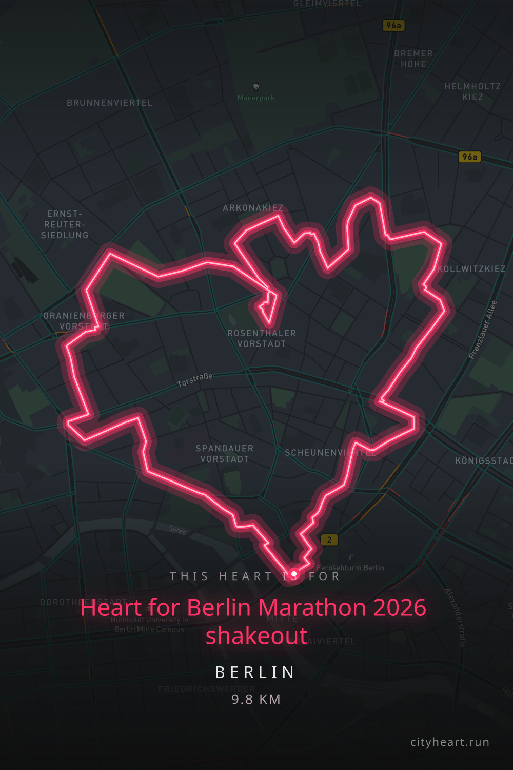 Heart-shaped running route in Berlin, 9.8 km — GPS art for Strava