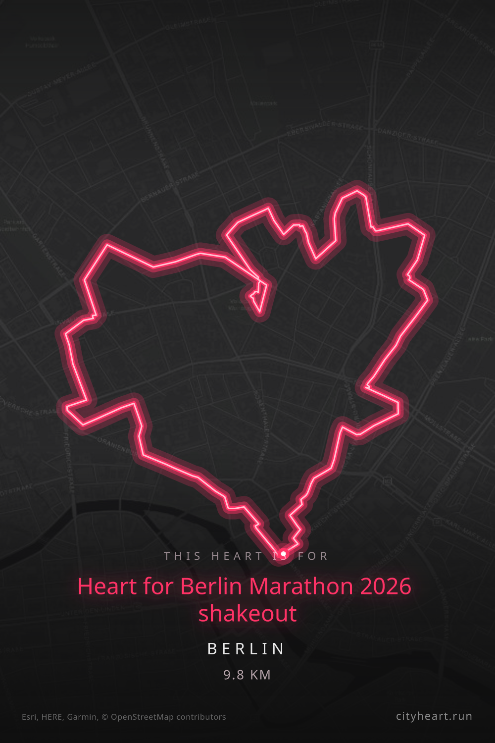 Heart-shaped running route in Berlin, 9.8 km — GPS art for Strava