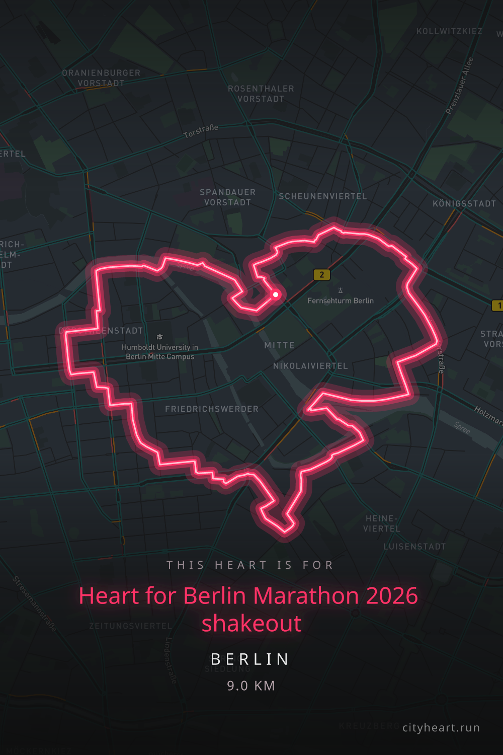 Heart-shaped running route in Berlin, 9.0 km — GPS art for Strava