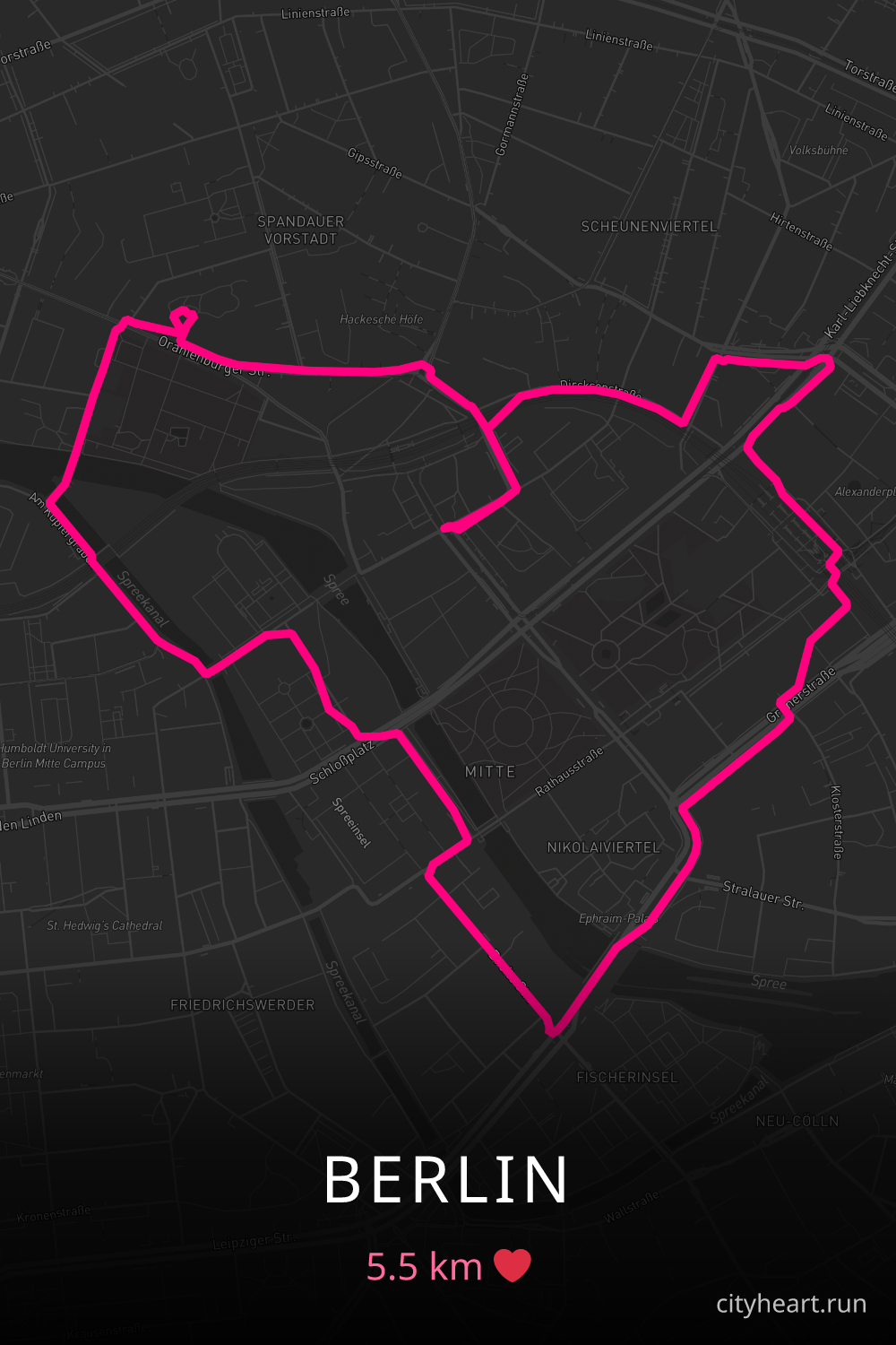 Heart-shaped running route in Berlin, 5.5 km — GPS art for Strava