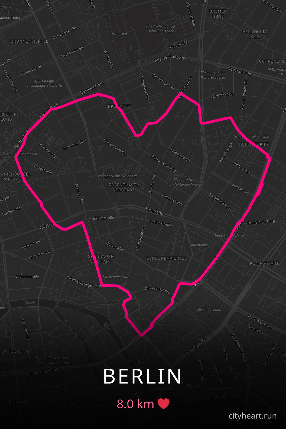 Heart-shaped running route in Berlin, 8.0 km — GPS art for Strava