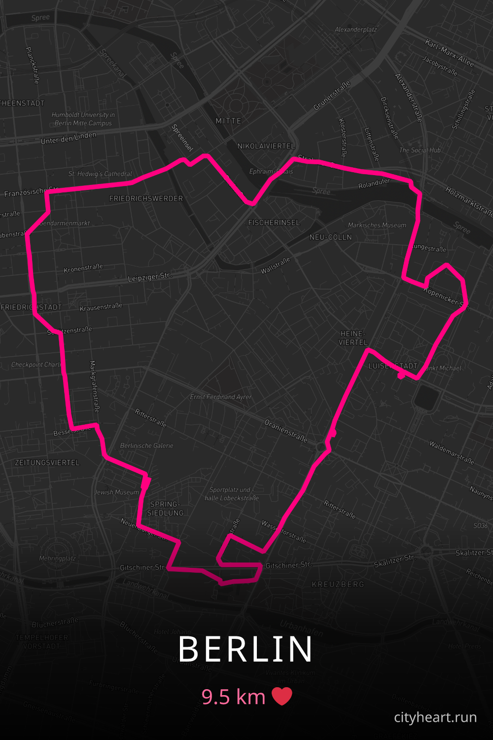 Heart-shaped running route in Berlin, 9.5 km — GPS art for Strava