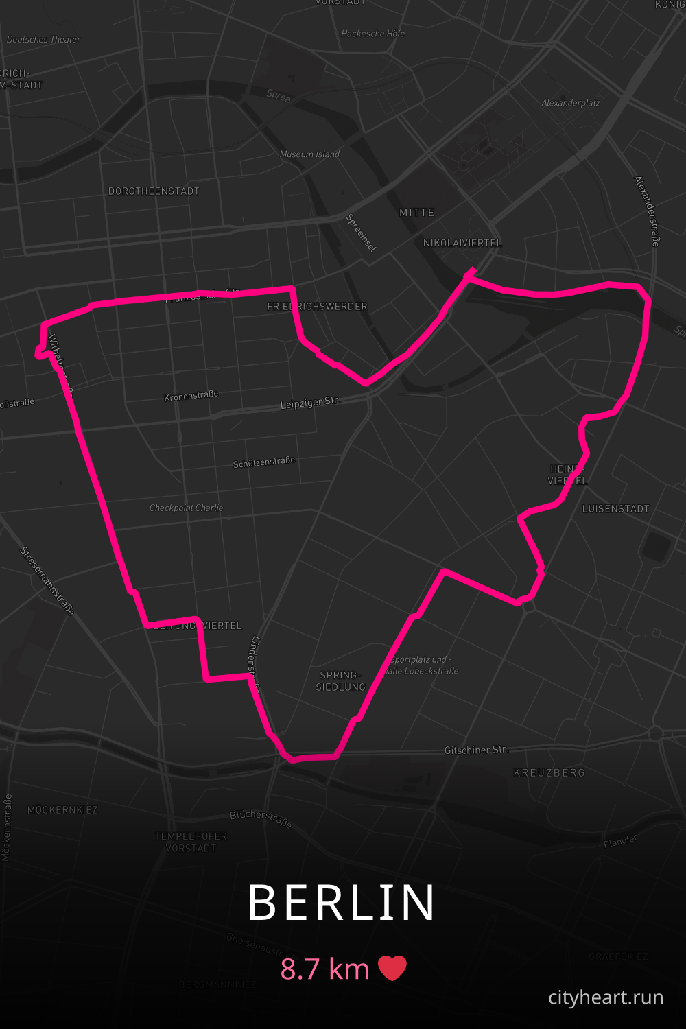 Heart-shaped running route in Berlin, 8.7 km — GPS art for Strava
