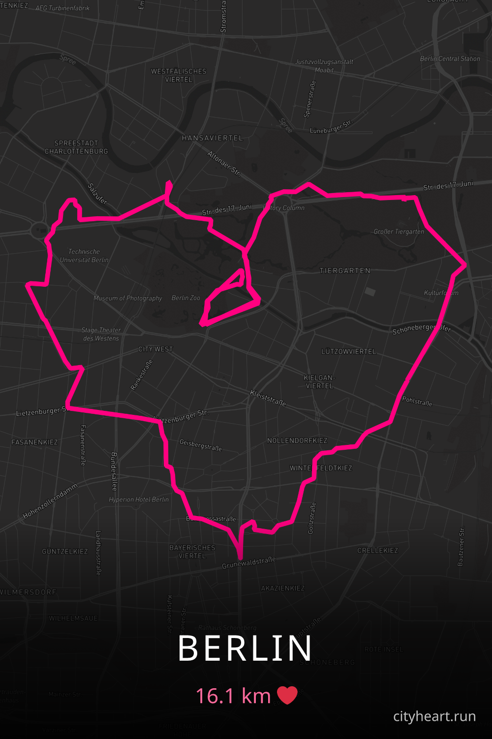 Heart-shaped running route in Berlin, 16.1 km — GPS art for Strava