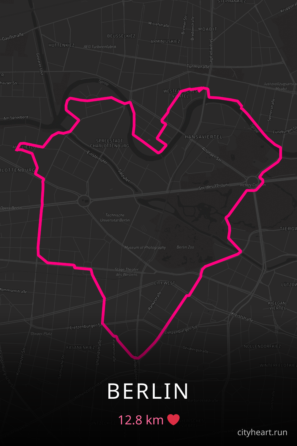 Heart-shaped running route in Berlin, 12.8 km — GPS art for Strava