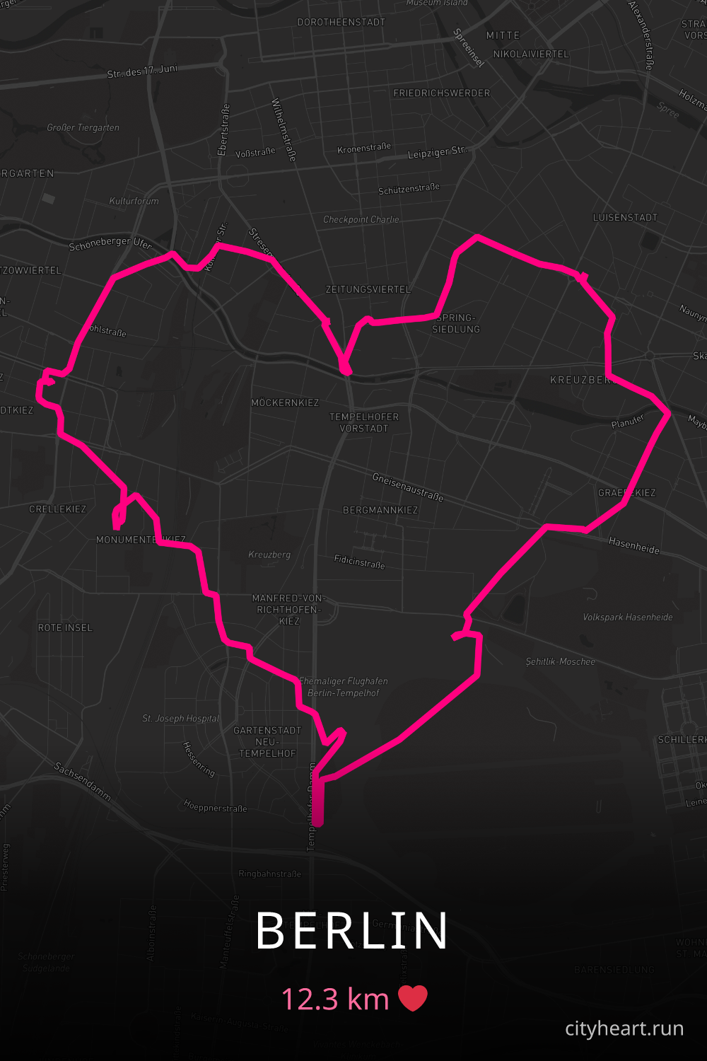 Heart-shaped running route in Berlin, 12.3 km — GPS art for Strava